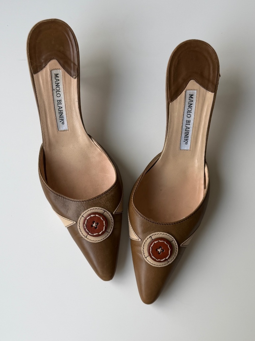 Vintage Manolo Blahnik Brown Leather Kitten Heel Mules, IT 39.5